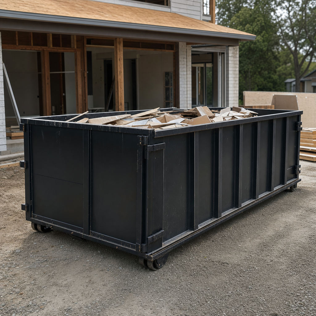 Large matte-black 30-yard construction roll-off dumpster at an active Pawtucket jobsite, steel-gray top rails and bottom rollers visible, loaded with construction debris.