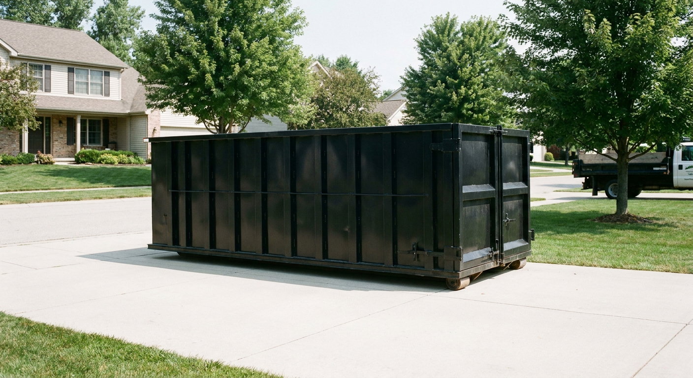 Matte-black 20-yard roll-off dumpster sitting level on a clean Pawtucket residential concrete driveway under bright daylight, demonstrating clean placement directly on the concrete.