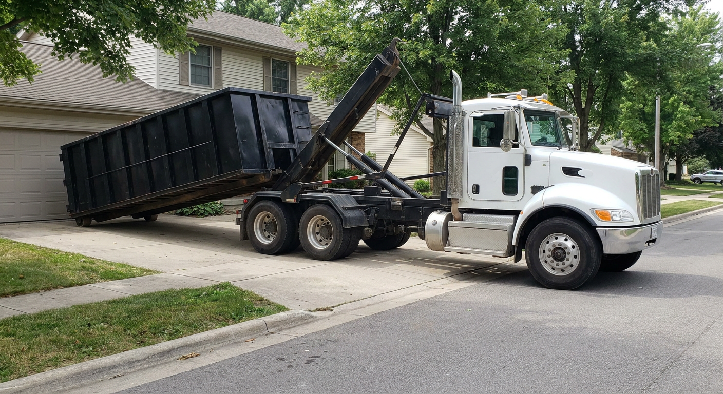 White-cab hooklift roll-off truck actively lowering a matte-black dumpster onto a Pawtucket residential concrete driveway, the dumpster's rear wheels touching the driveway as the hoist arm tilts the bed forward, mid-morning daylight.