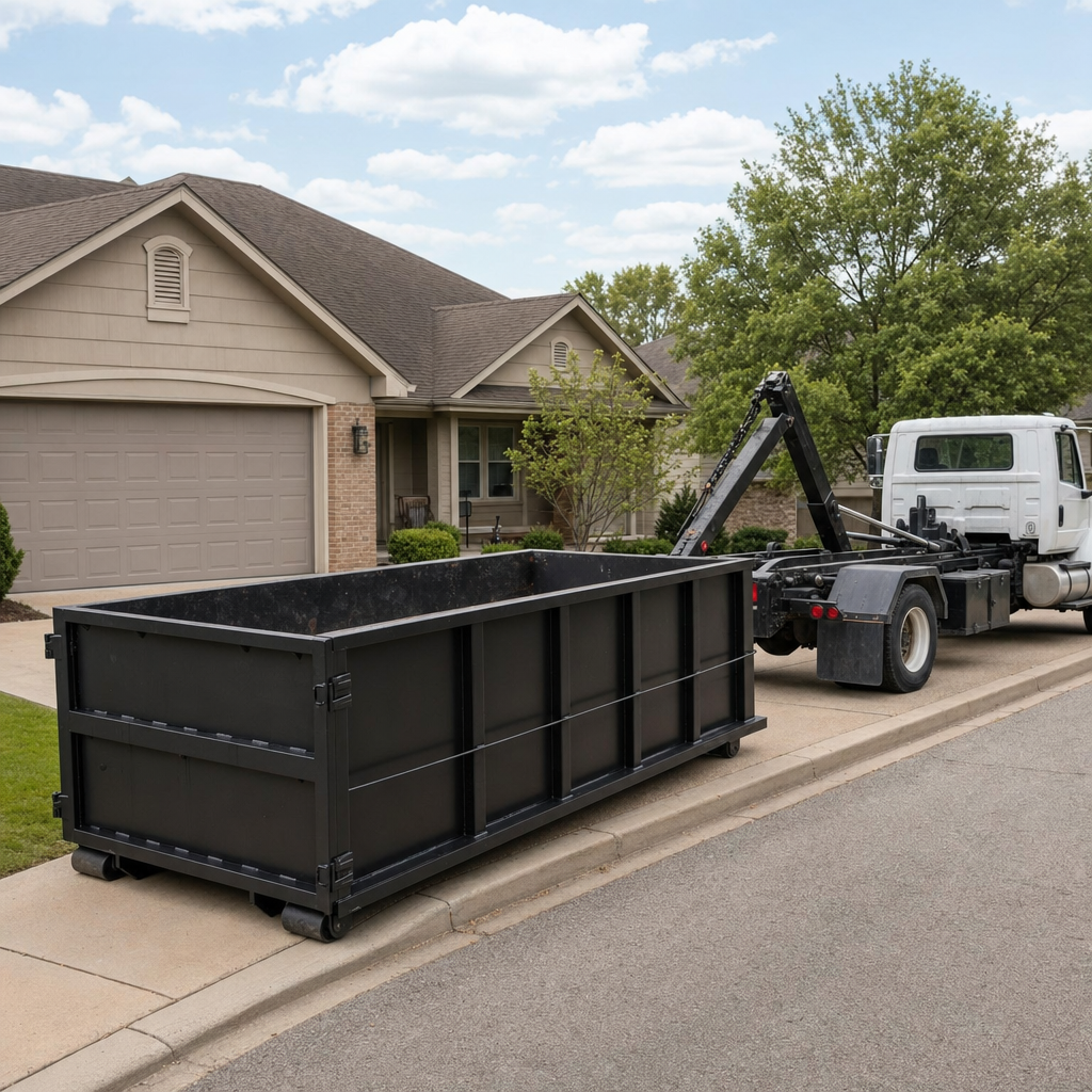 Wide documentary shot of a matte-black roll-off dumpster on a Pawtucket residential driveway in the foreground and a contractor jobsite container in the soft-focus background, bright daylight, calm and orderly composition.