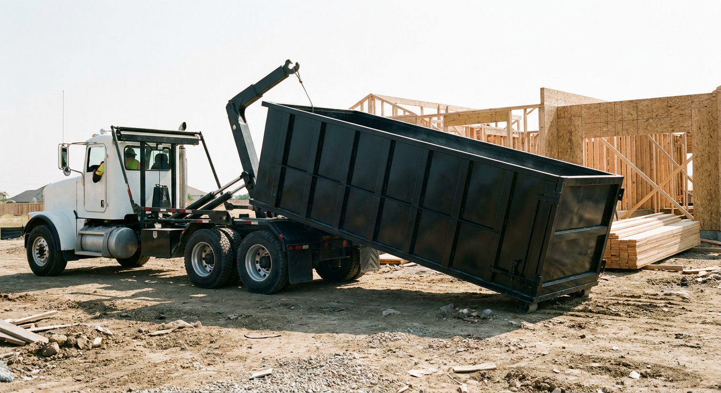 Matte-black roll-off dumpster being delivered onto a clean residential concrete driveway in Pawtucket by an unmarked white hooklift hauler truck, bright morning daylight, documentary 35mm perspective.